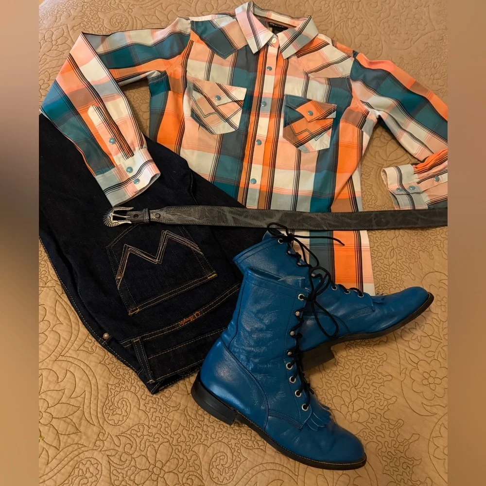 VTG Justin 80s 90s Teal Turquoise Blue Lace-Up Kiltie Roper Granny Boots 7.5-8 - Picture 9 of 11